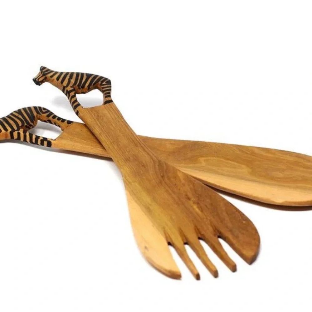 Handcrafted Wooden Zebra Salad Servers 12” Fork & Spoon